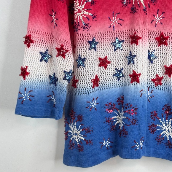 Design Options Philip Jane Gordon Patriotic Fireworks Cardigan XL Beaded Sequins - Picture 3 of 12